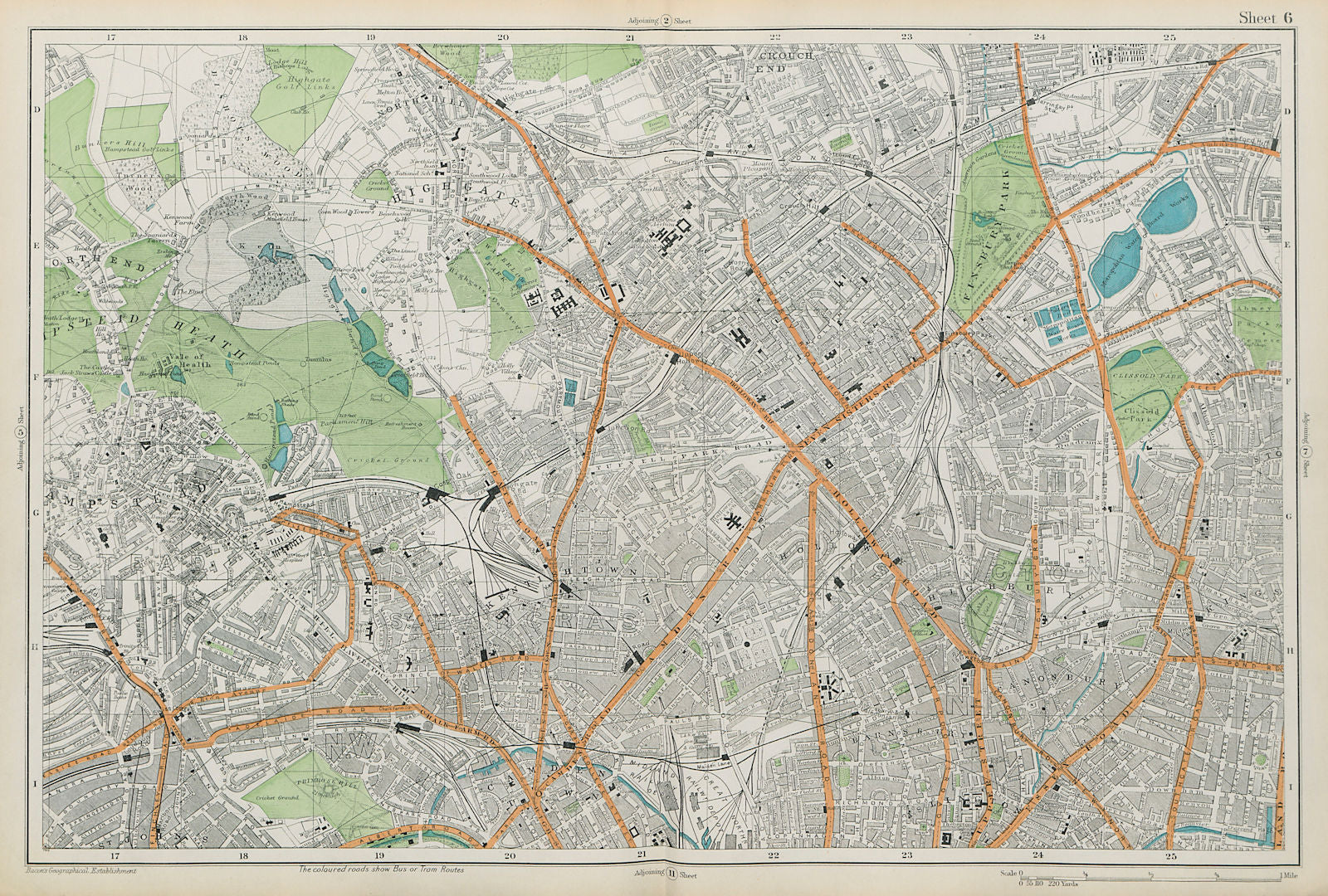 HAMPSTEAD ISLINGTON Camden Highgate Finsbury Park Primrose Hill. BACON  1913 map